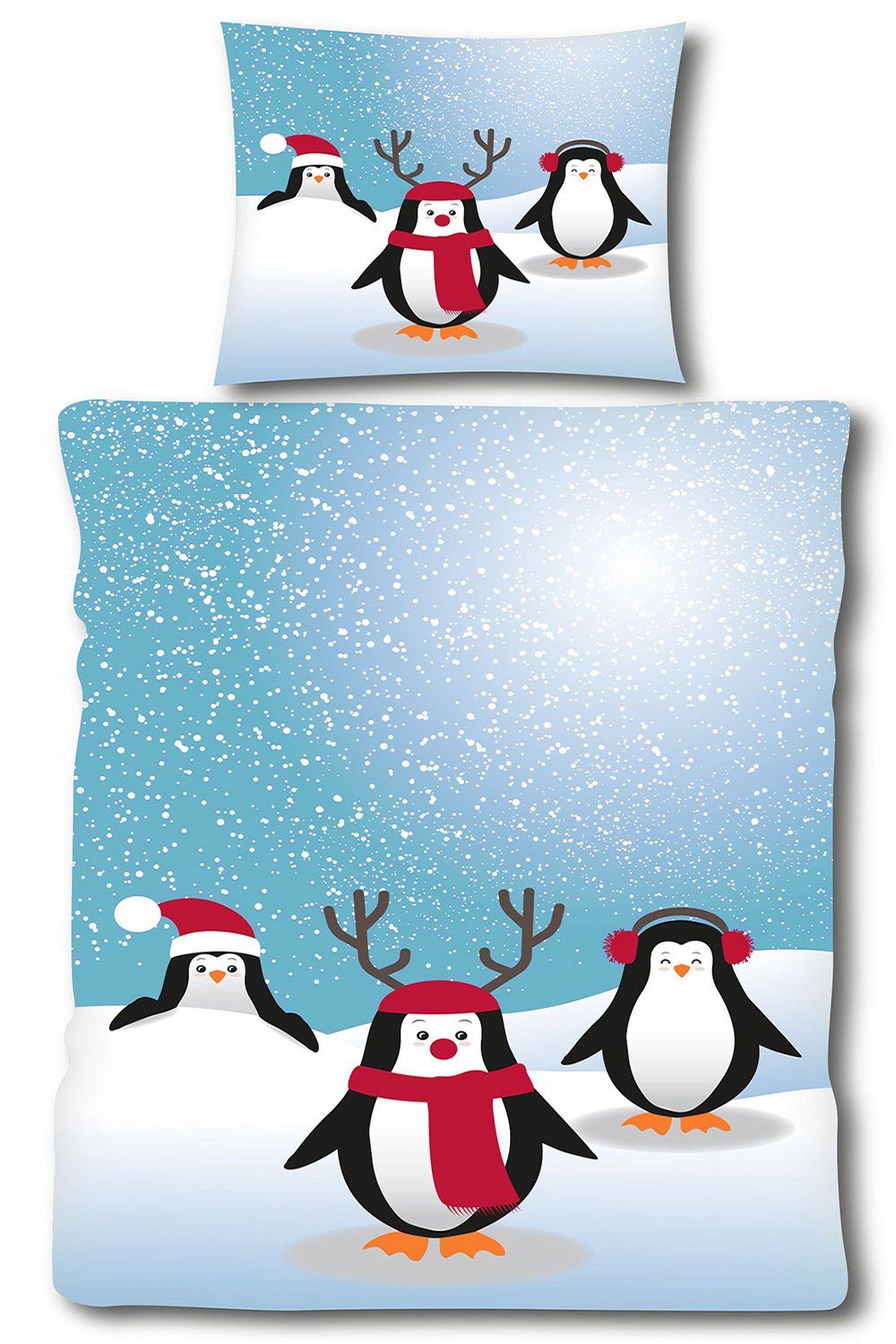 Bettwäsche Fleece Winter Bettwäsche, 135 x 200 + 80x80cm, Motiv: Pinguin,  KH-Haushaltshandel, Fleece, flauschig weiche warme Winterbettwäsche