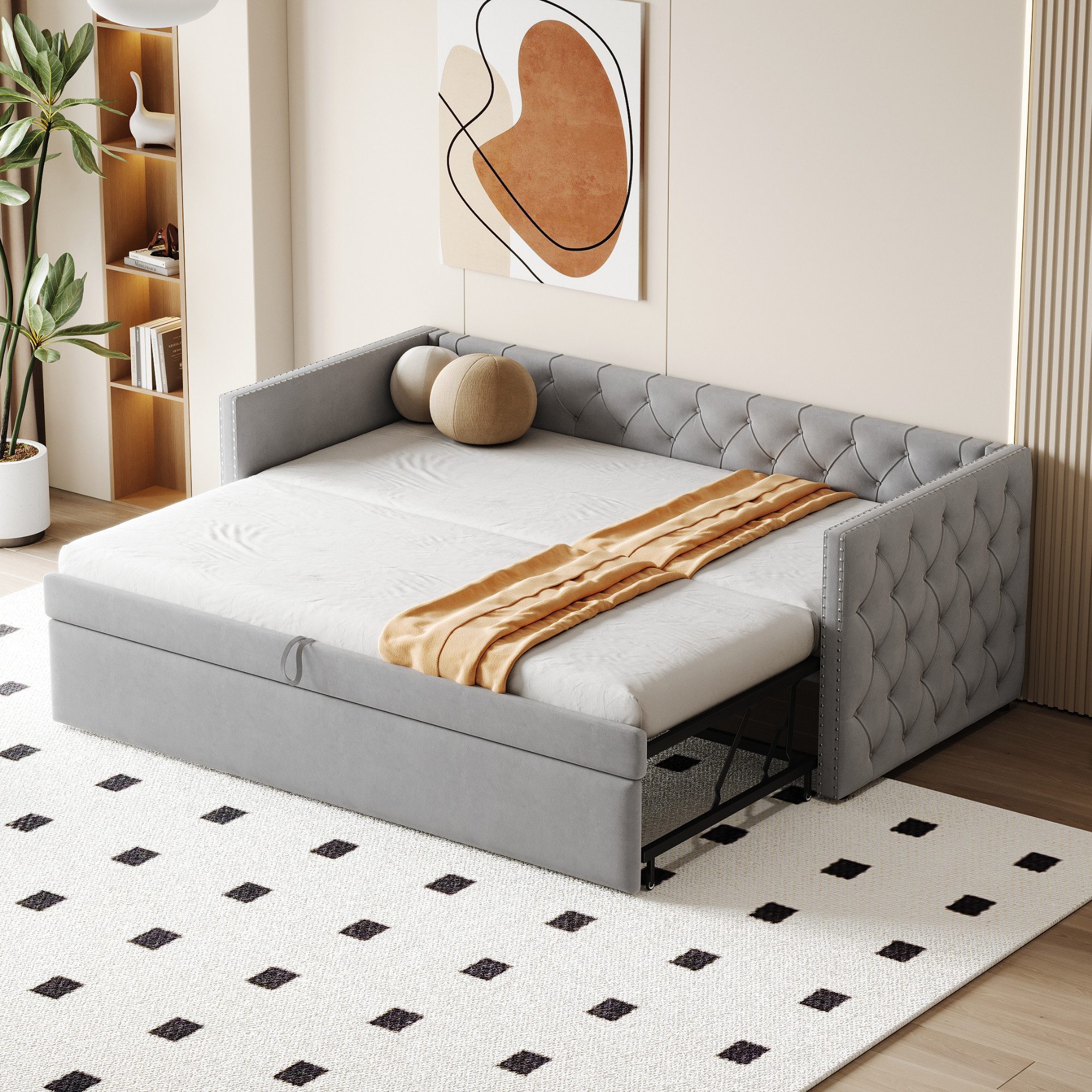 Schlafsofa 90x200 Klassische Vollform mit Knöpfen, Mit Lattenrost, Samt, Hellgrau