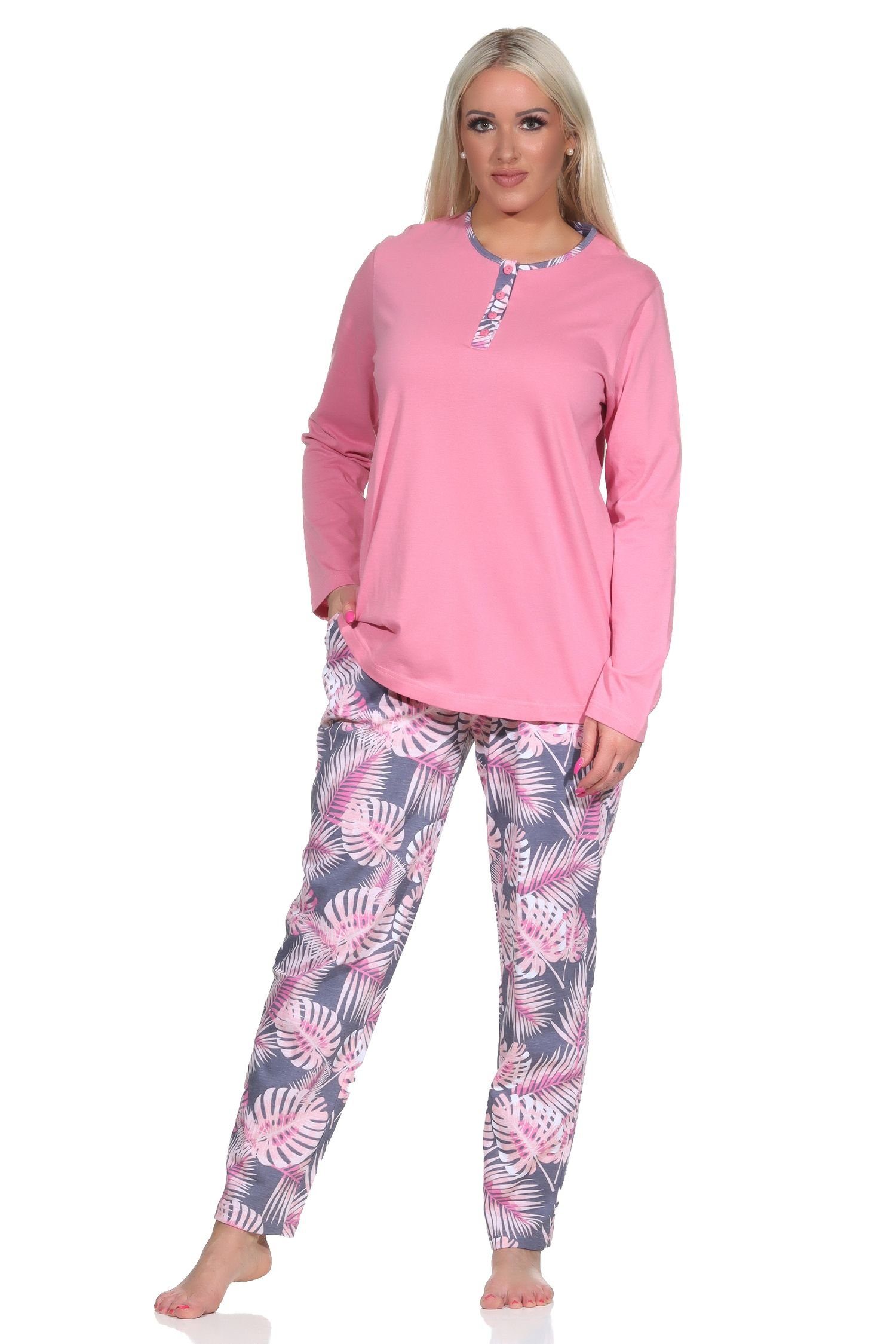 Normann Pyjama Damen Schlafanzug mit Hose in floralem Print - auch in Übergrößen pink
