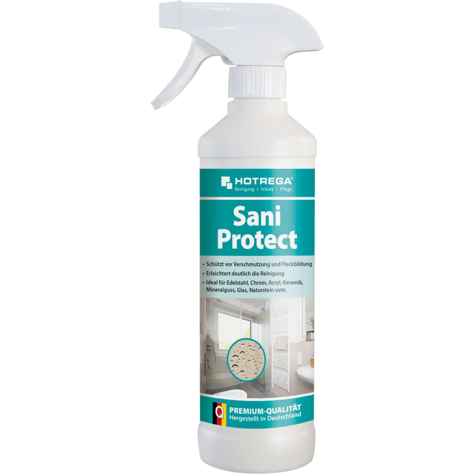 HOTREGA® Sani Protect mit Abperleffekt für Edelstahl Chrom Keramik Glas 500ml Sanitärreiniger