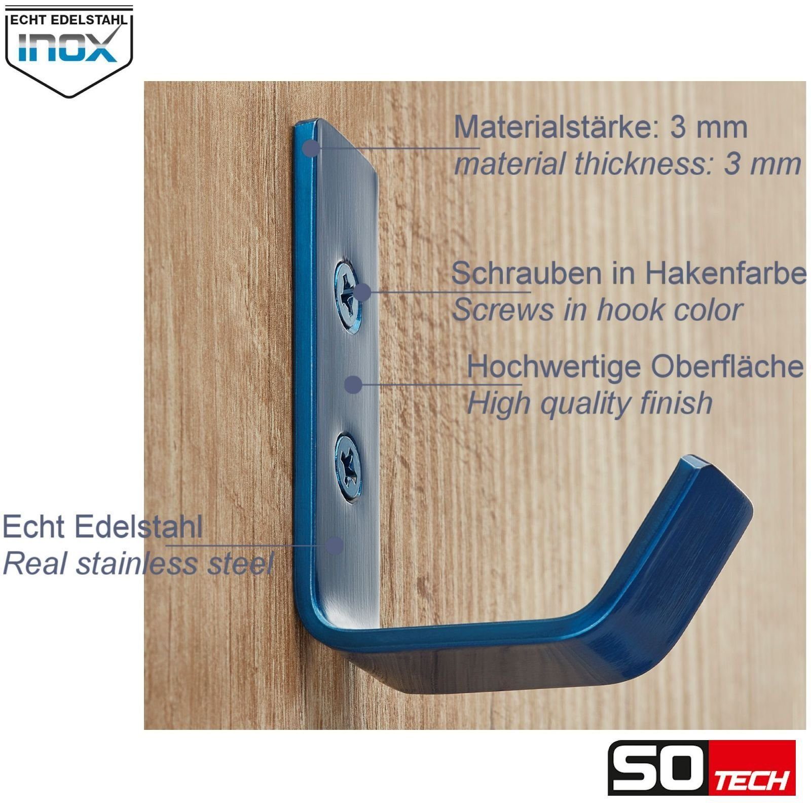 SO-TECH® Kleiderhaken doppelter Wandhaken, Edelstahl, 142 x 20 x 45 mm, (1-St), großer Jackenhaken mit abgerundeten Kanten blau – Bild 3 von 5