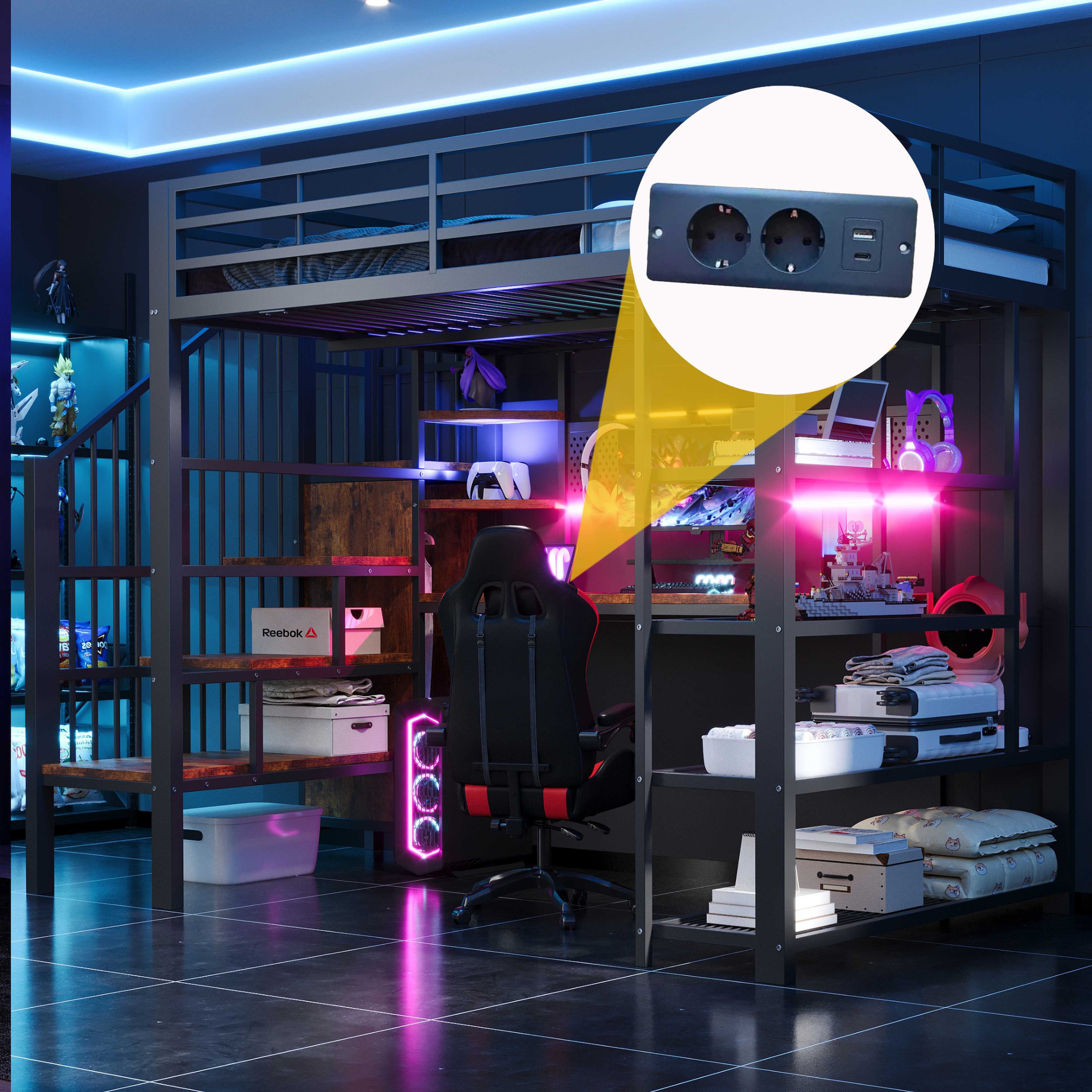 BlingBin Hochbett Metallbett Jugendbett Mit Euro-Steckdosen Und LED-Lichtleiste (4 Packung, 1-St., mit Langer Schreibtisch Und Lange Lochwand, Kleines Dreieckiges Regal) Mehrstöckige Ablagefächer, Hohe Umzäunung,140 × 200 cm,Schwarz