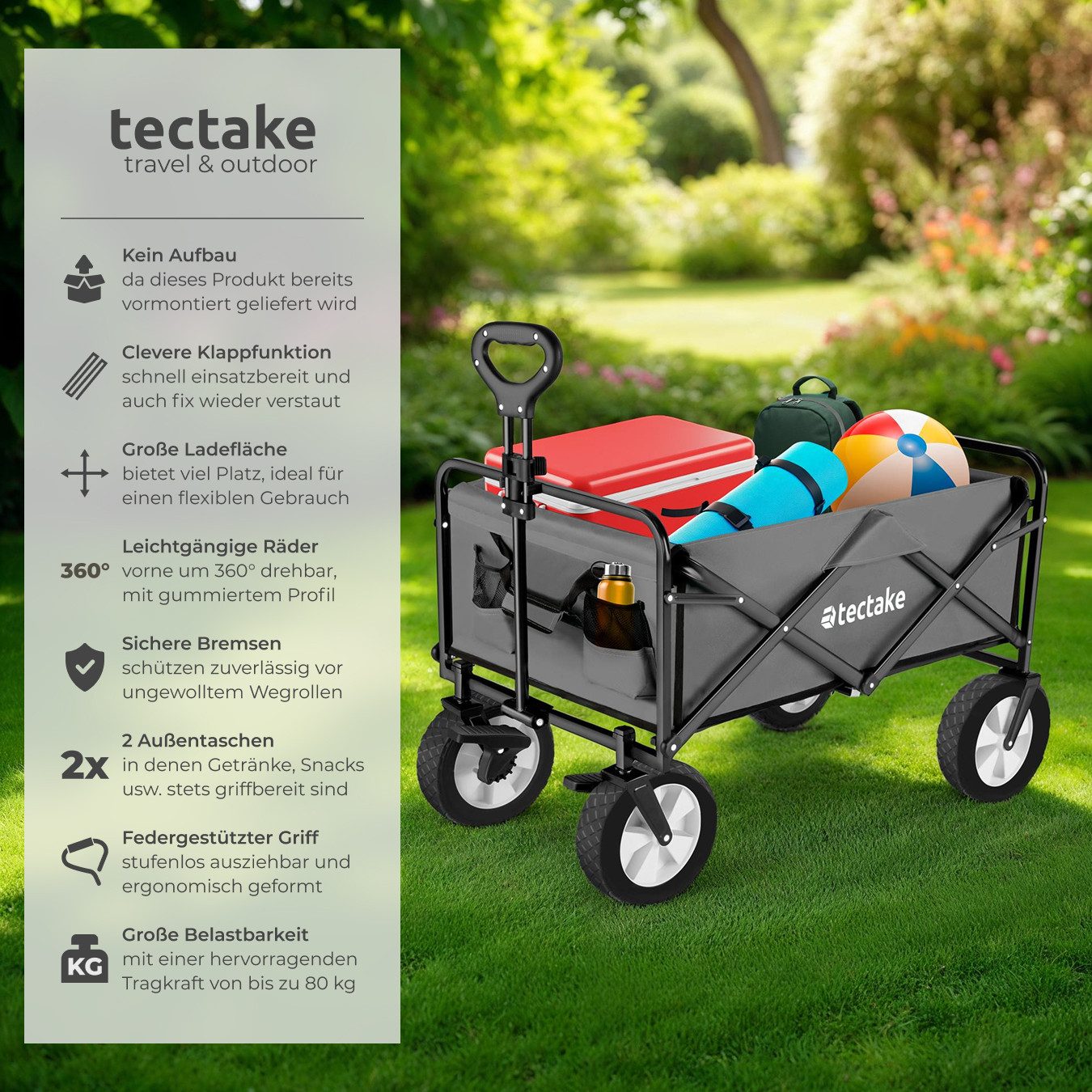 tectake Bollerwagen Faltbarer Handwagen Leon mit Bremsen, Belastbarkeit 80kg (1 Transportwagen, 1-tlg., 97L Volumen in Grau), abnehmbarer Stoffeinsatz mit 2 Netztaschen, gepolsterter Griff