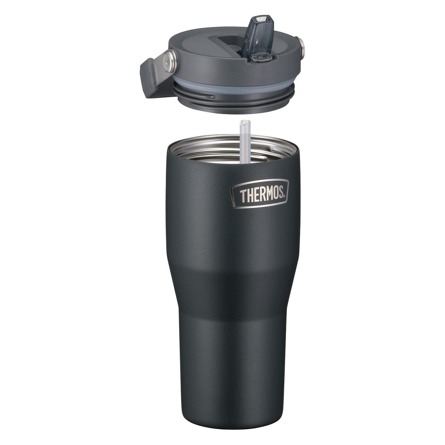 THERMOS Thermoflasche REFRESHING, 850 ml, Schwarz matt, Edelstahl, mit Deckel und Strohhalm, 6 Stunden warm/kalt