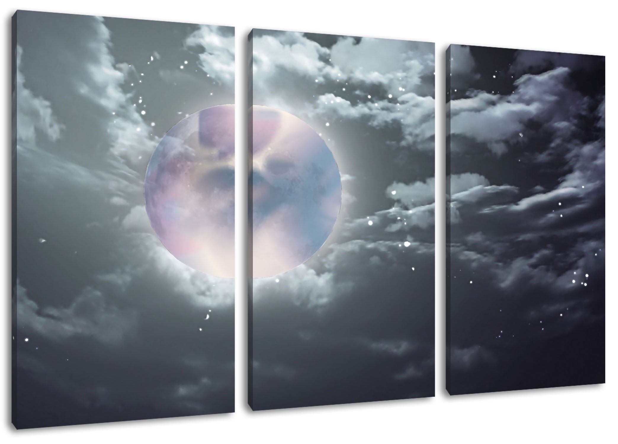 Pixxprint Leinwandbild Vollmond Sterne Wolken, Vollmond Sterne Wolken 3Teiler (120x80cm) (1 St), Leinwandbild fertig bespannt, inkl. Zackenaufhänger