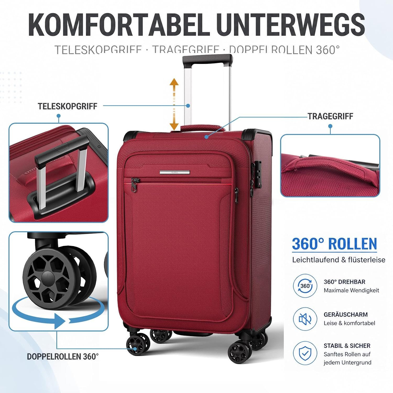 Verage Weichgepäck-Trolley Toledo Weichschalenkoffer Reisekoffer, 4 Rollen, TSA-Schloss, 4 Rollen Trolley Volumenerweiterung bei S/M/L/Sets