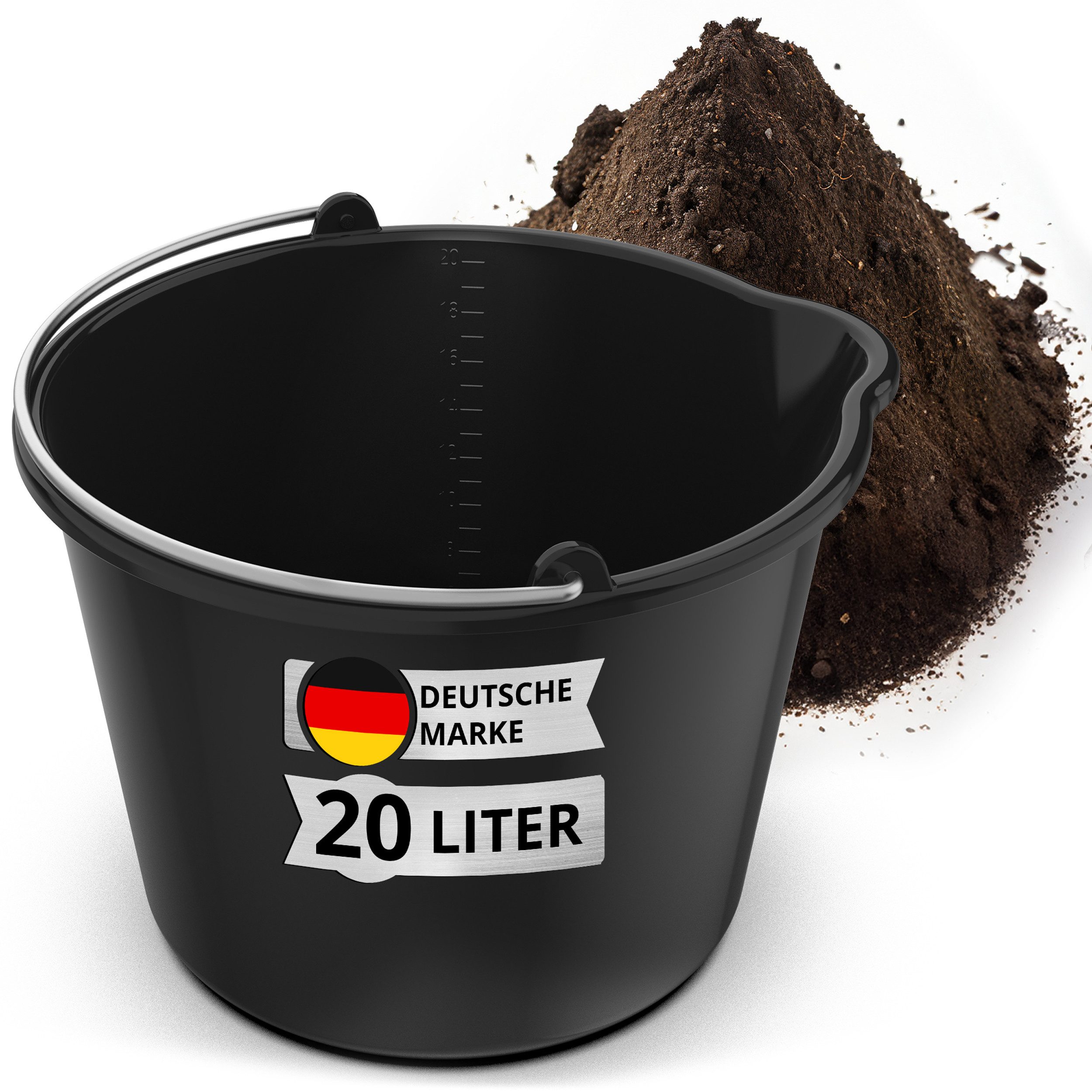 Oramics Baueimer 20L Відра mit Ausguss Tülle Skala Baueimer Wassereimer Mörteleimer, (Kunststoffeimer Kübel mit Ausguss für Zement und Mörtel, 1-tlg., Stabiler Wassereimer mit Skala für Haushalt, Garten, Baustellen), inklusive intergrierter Mess-Skala und Ausgießer, Metall Tragehenkel