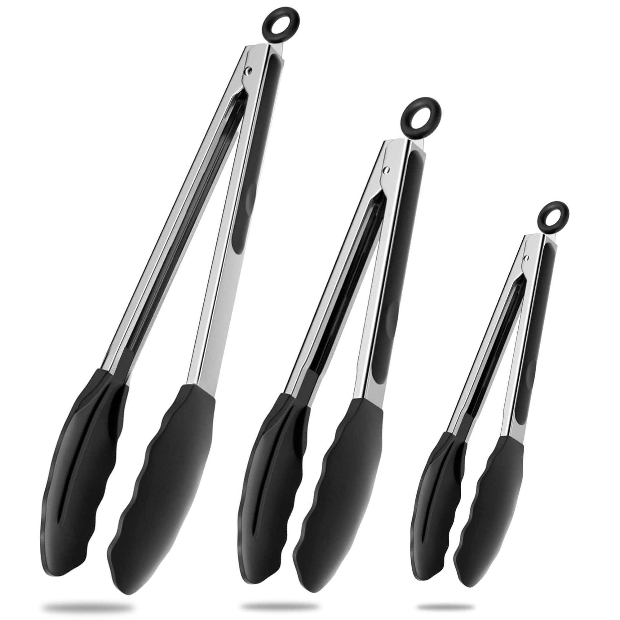 HUGERSTONE Servierzange Grillzange Edelstahl, Küchenzange mit Silikonlaffen und Aufhängeöse, 3er Set Kochpinzette Länge: 21.4/26.2/34.5cm, Hitzebeständig bis 230°C