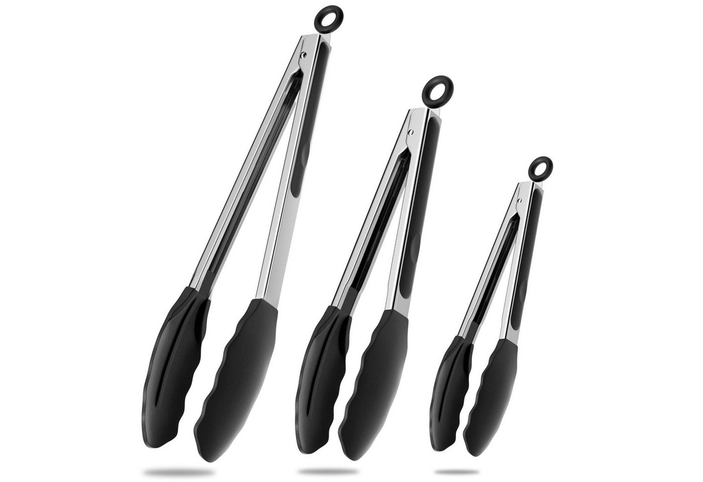 HUGERSTONE Servierzange Grillzange Edelstahl, Küchenzange mit Silikonlaffen und Aufhängeöse, 3er Set Kochpinzette Länge: 21.4/26.2/34.5cm, Hitzebeständig bis 230°C
