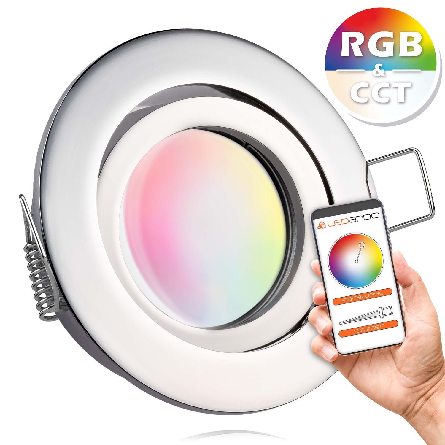 LEDANDO LED Einbaustrahler RGB - 5W Set Einbaustrahler in extra chrom CCT LED mit Leuchtmit flach