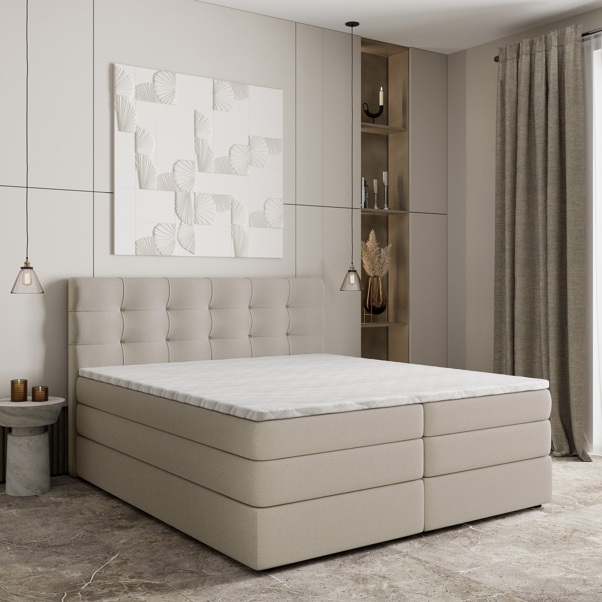 Masseno Boxspringbett AREZI 140x200 cm mit Bonell Matratze und Topper, Doppelbett, Polsterbett mit Kopfteil, Boxspringbett