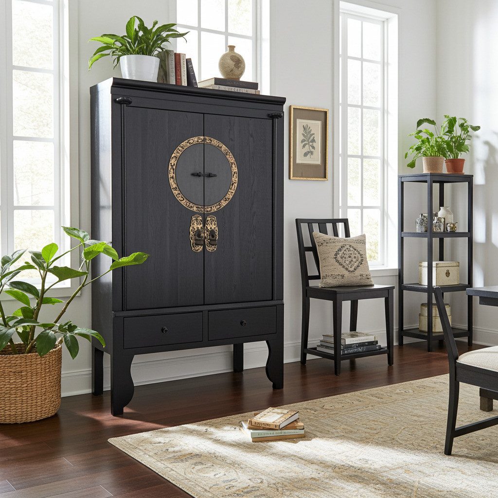 OPIUM OUTLET Kleiderschrank Chinesischer Hochzeitsschrank im Vintage-Stil (Breite x Tiefe x Höhe 105 x 55 x 175 cm, orientalischer Schrank Kommode, Asia Möbel komplett montiert Holz Landhaus-Stil shabby-chic) asiatisch