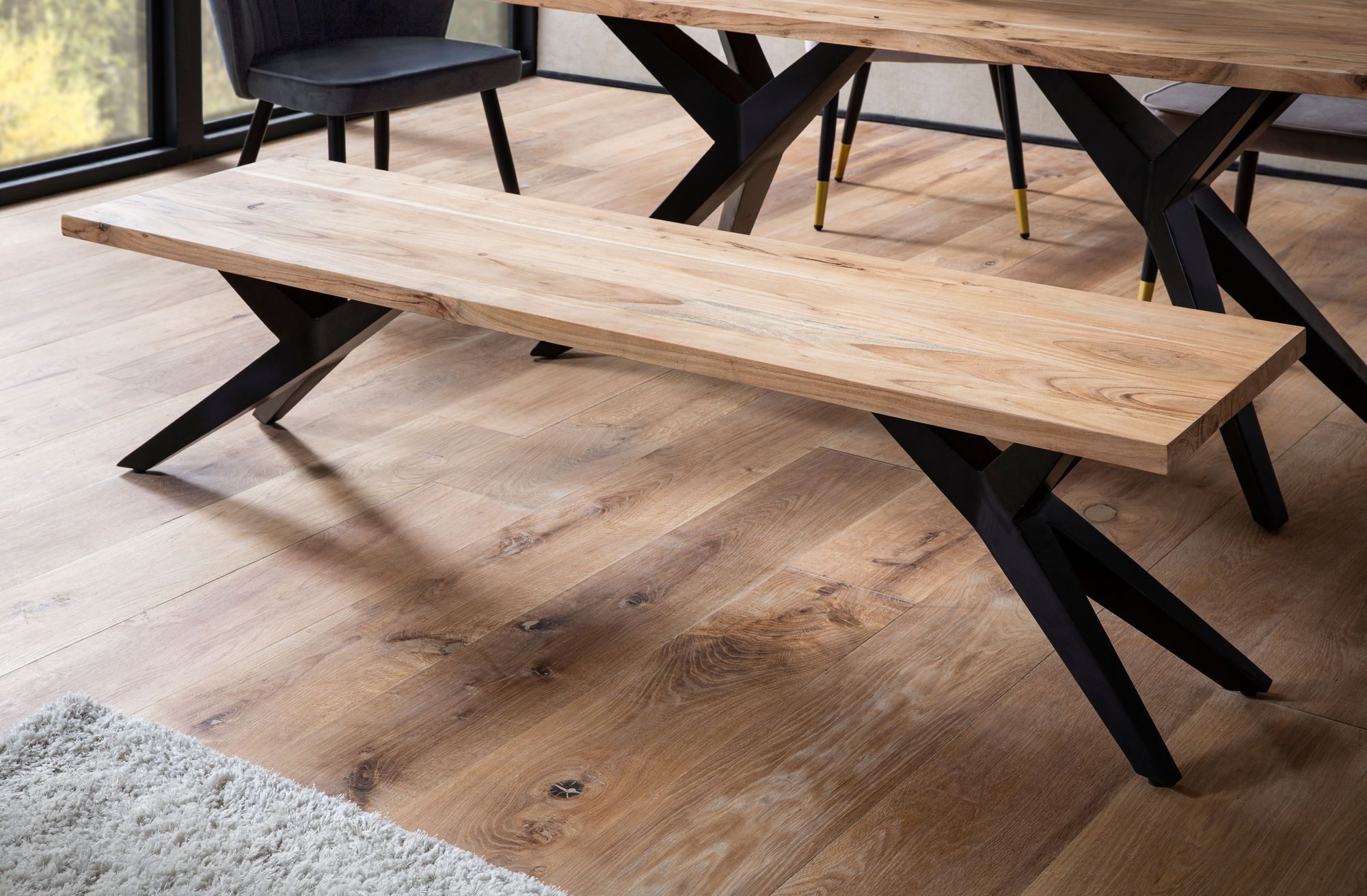 FINEBUY Essbank FB66299 Esszimmerbank Sitzbank Akazie Massivholz Loft Holzbank (Industrial Holzbank, Akazie Massivholz 120 cm), Sitzbank Esszimmer Holz, Esszimmerbank ohne Lehne