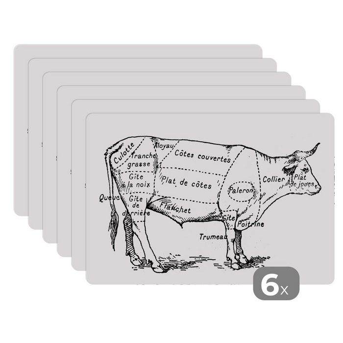 Platzset Antike Illustration die das Schema des Metzgers für eine Kuh zeigt MuchoWow (6-St) Platzset Platzdecken Platzmatte Tischmatten Schmutzabweisend