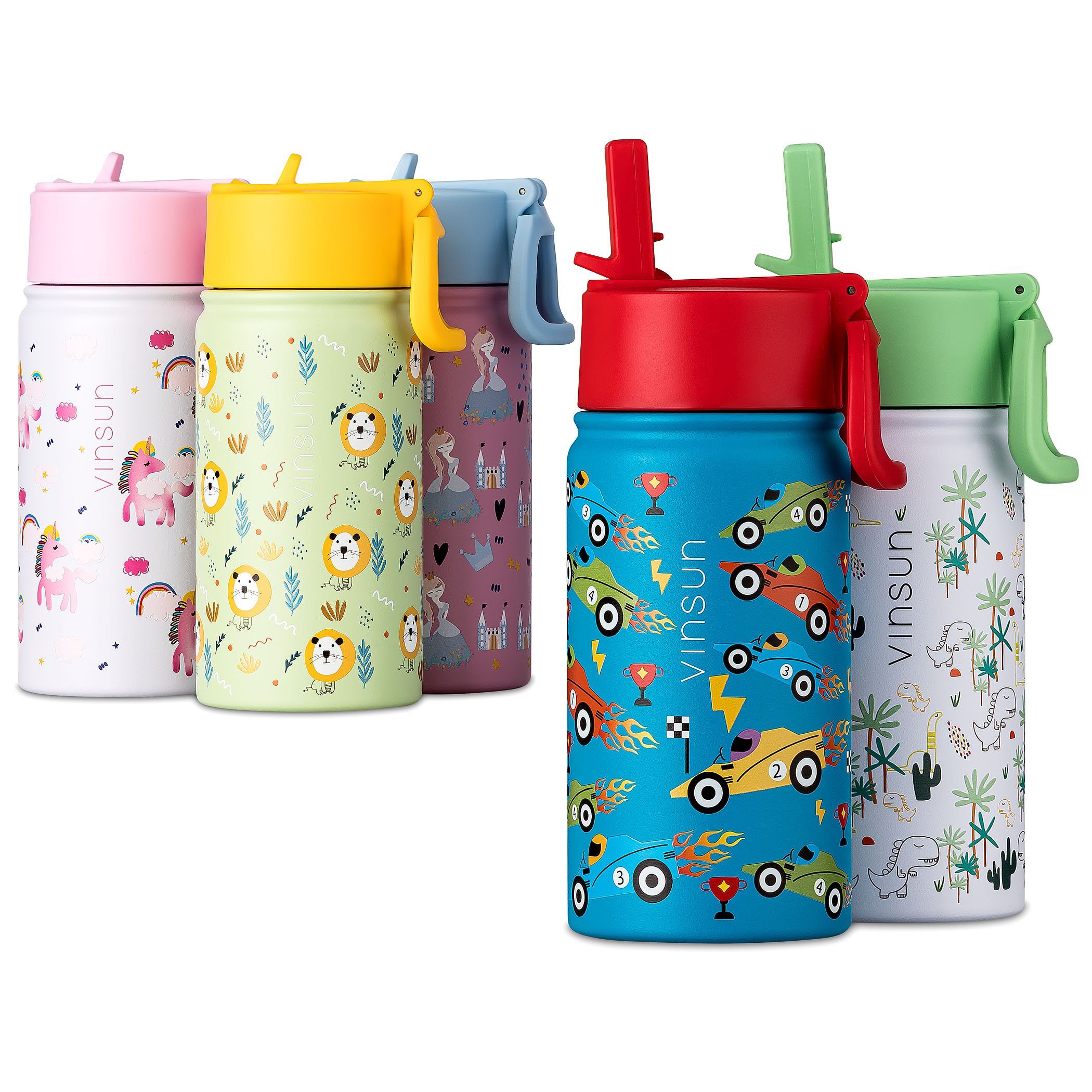 Vinsun Trinkflasche Trinkflasche Kinder 350ml - Auslaufsicher mit Strohhalm - Rennauto, BPA frei, auslaufsicher, bruchsicher, Geruchs- und Geschmacksneutral