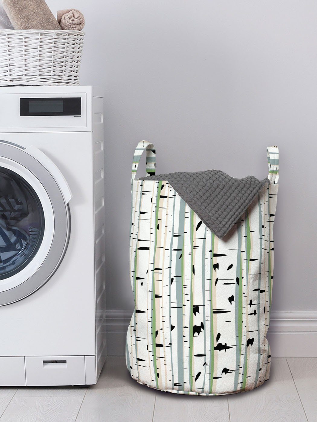 Abakuhaus Wäschesäckchen Wäschekorb der mit Griffen Kordelzugverschluss Stämme Birken-Muster für Waschsalons, Baum