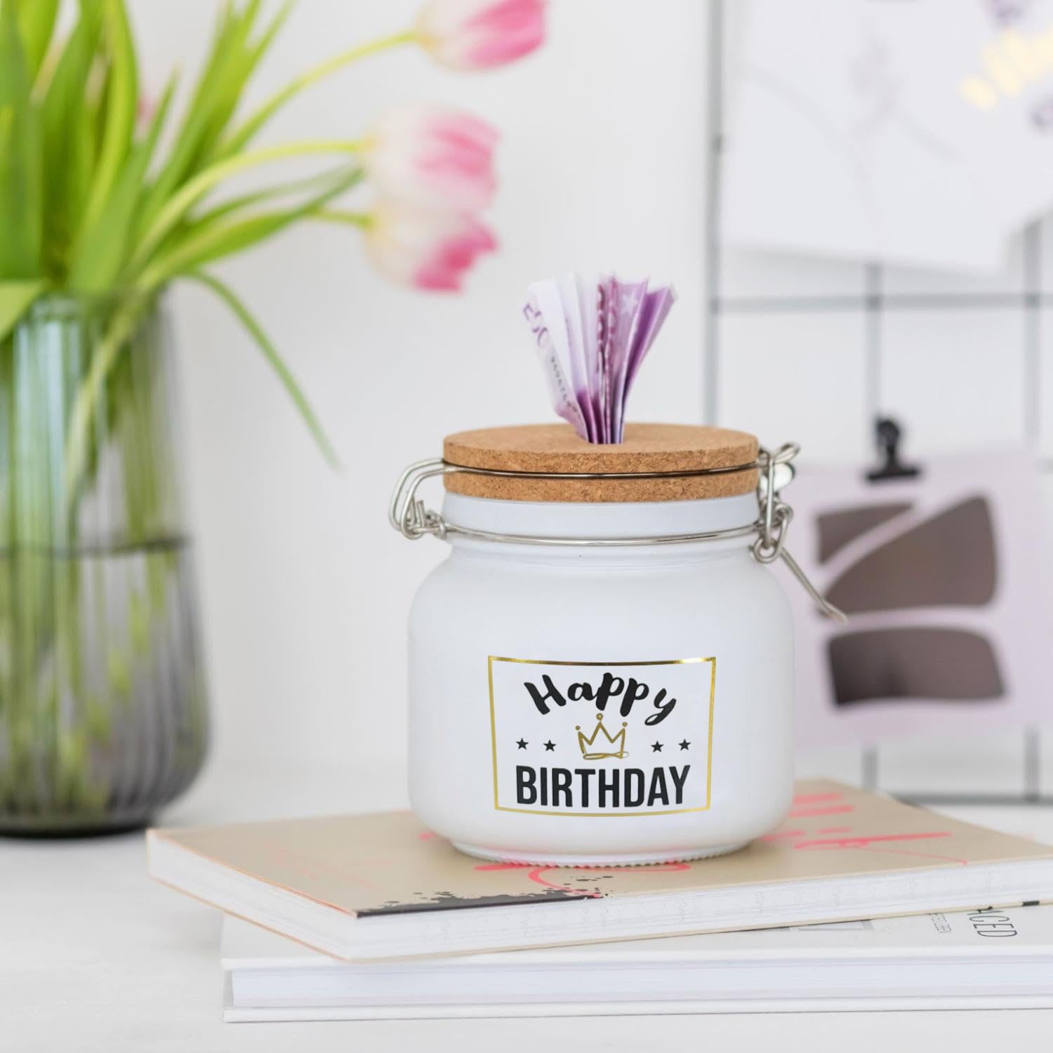 HERGO Creation Spardose HERGO Sparglas HAPPY BIRTHDAY mit Korkdeckel Spardose Sparbüchse – Bild 3 von 3