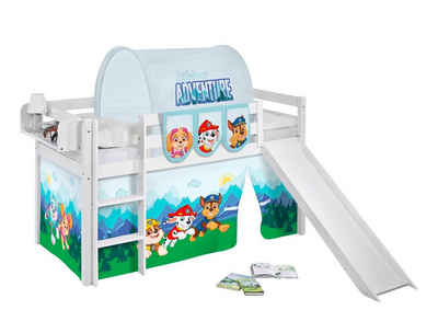 Lilokids Hochbett JELLE in weiß mit Rutsche und blauem PAW PATROL Vorhang - Kinderbett & Spielbett von LILOKIDS inkl. Rutsche und 2tlg. Vorhang