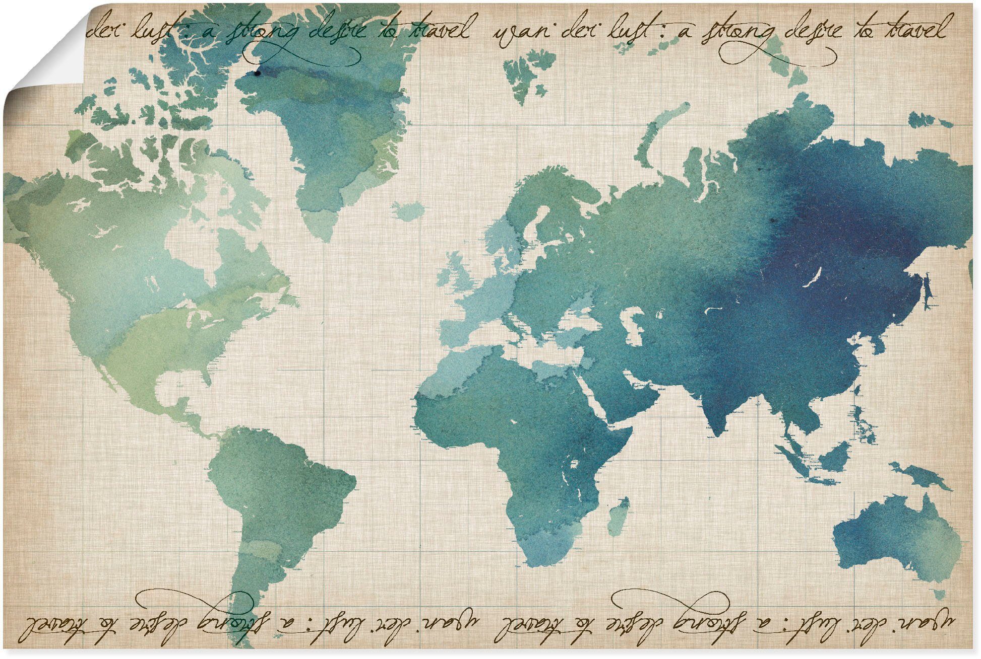 Artland Wandbild Wasserfarben Weltkarte, Landkarten (1 St), als Alubild, Leinwandbild, Wandaufkleber oder Poster in versch. Größen