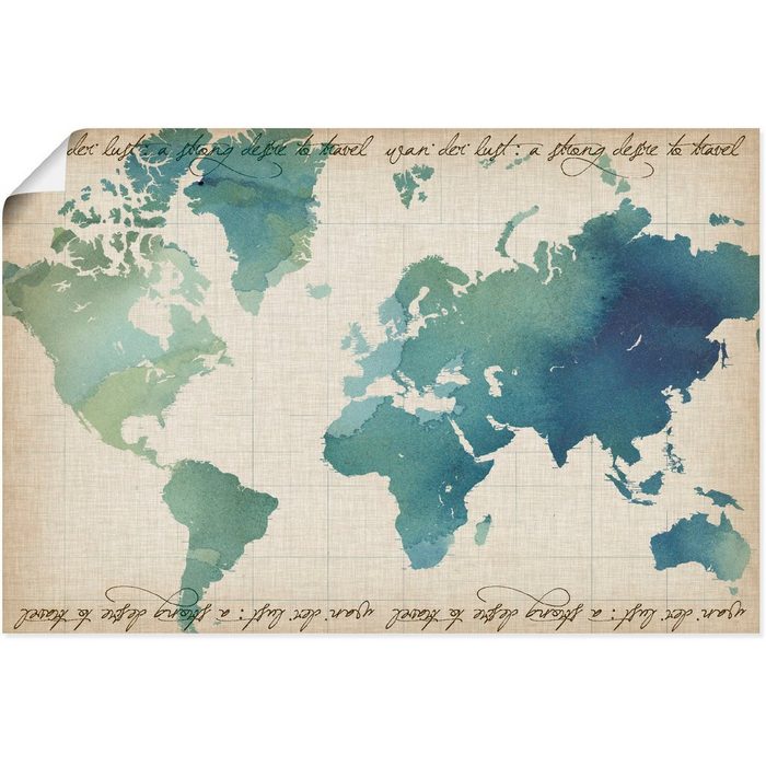 Artland Wandbild Wasserfarben Weltkarte Landkarten (1 St) als Alubild Leinwandbild Wandaufkleber oder Poster in versch. Größen