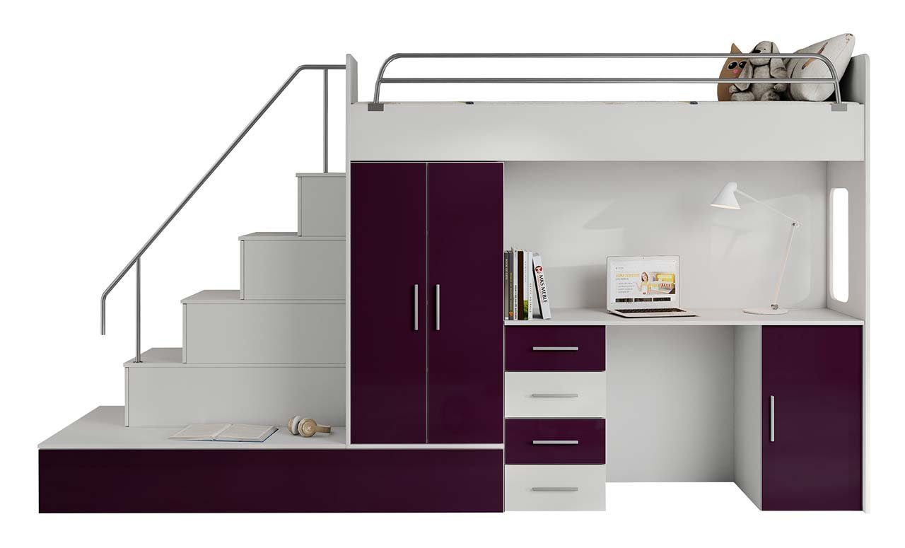 MKS Betten, Jugendbett Betten, Schließfächern), (Zwei einem Schreibtisch, Violett Schrank einem MÖBEL mit Schreibtisch, zwei und Treppe Kleiderschrank, EDEN mit 5