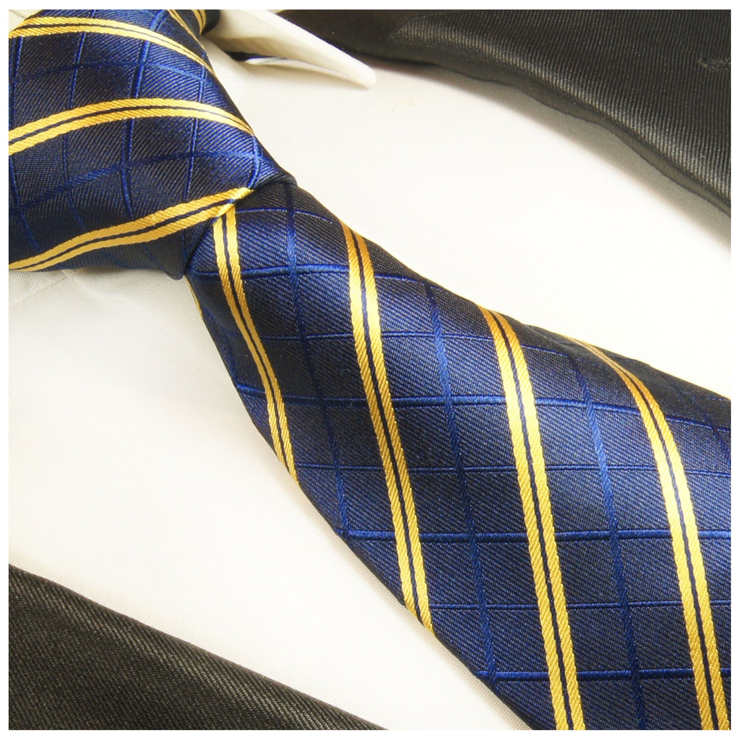 mit Krawatte (Set, 2-St., gold Krawatte 2021 gestreift 100% Schmal Seidenkrawatte mit Malone blau Tuch (6cm), Einstecktuch) Seide Moderne Herren Paul