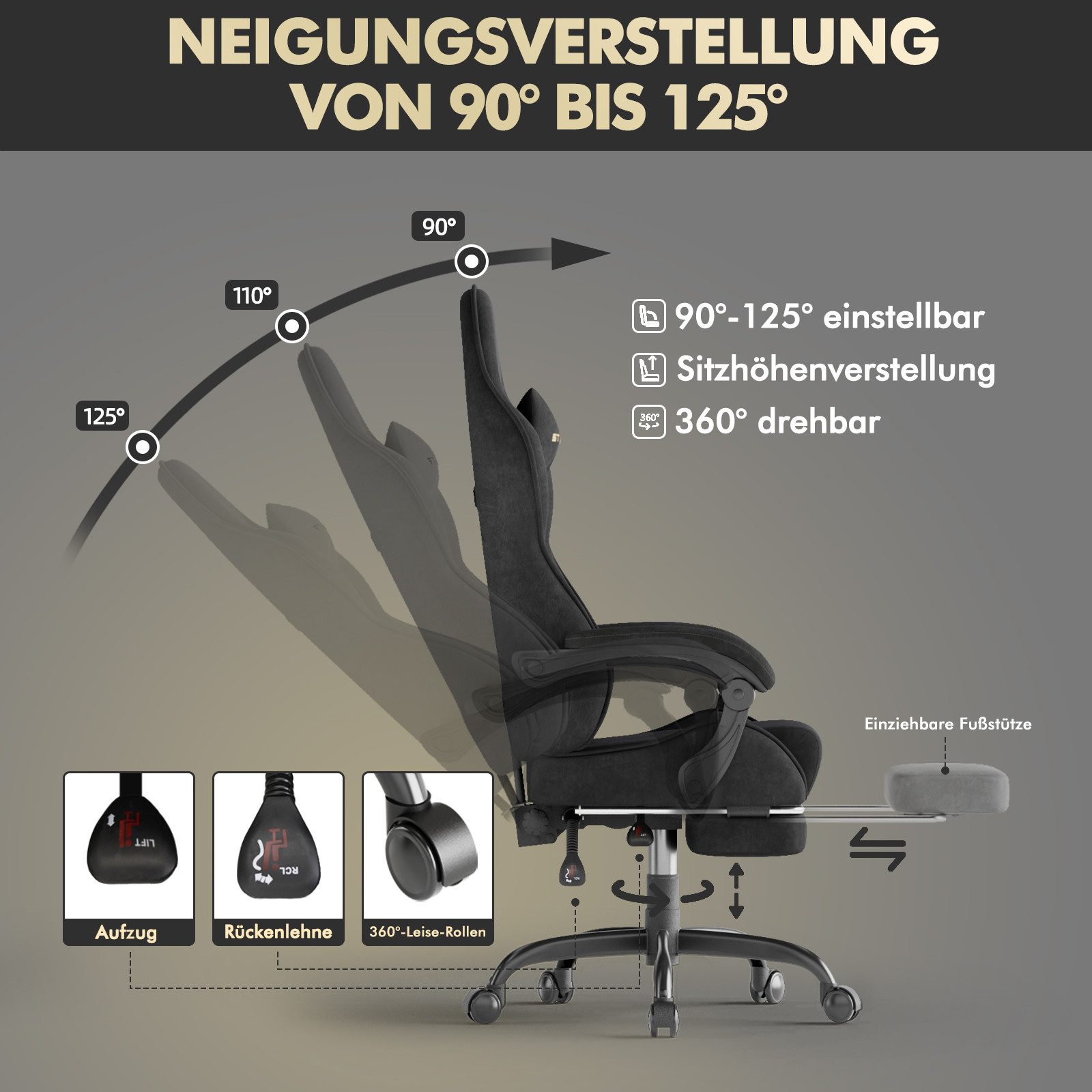 Ferghana Gaming-Stuhl Gaming-Stuhl: Kopfstütze, Lendenkissen, Armlehnen, Fußstütze (Packung), Ergonomischer PC-Stuhl,Rückenlehne 90°-125°