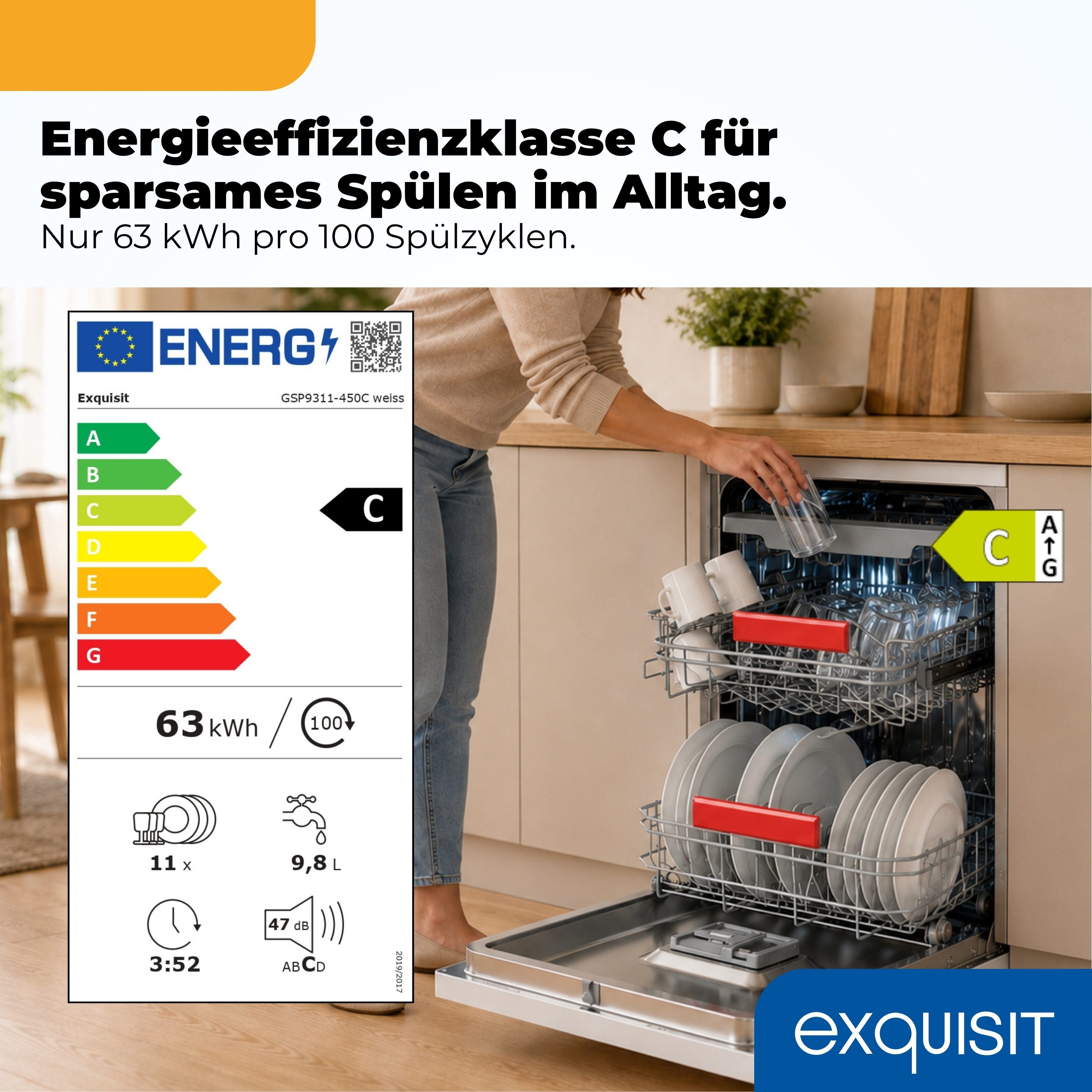 exquisit Standgeschirrspüler 9311 GSP9311-450C weiss, 9 l, 11 Maßgedecke, 10 Maßgedecke, 7 Programme, Besteckschublade, Auto Door Open, AquaStop