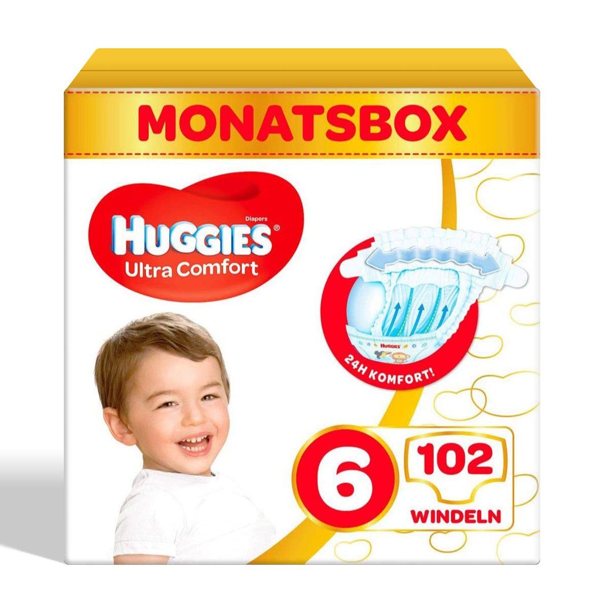 HUGGIES Windeln Ultra Comfort Babywindeln, Größe 6 (15-30 kg), Monatsbox, 102 Windeln (Monatspackung, 102-St), Vorratspack