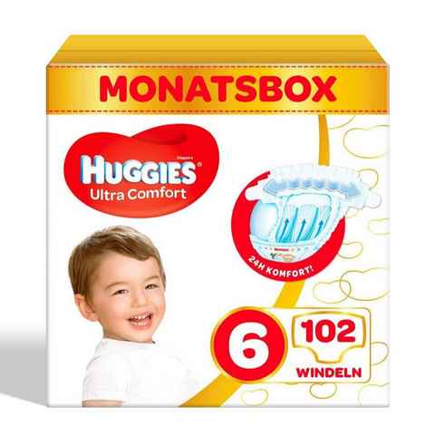 HUGGIES Windeln Ultra Comfort Babywindeln, Größe 6 (15-30 kg), Monatsbox, 102 Windeln (Monatspackung, 102-St), Vorratspack