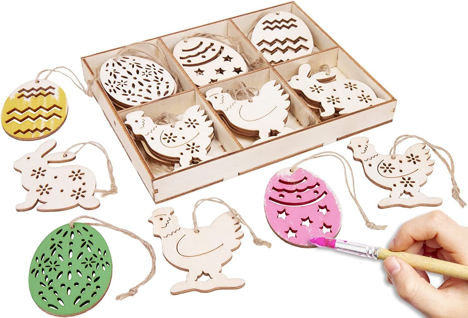 BRUBAKER Dekohänger Ostereier, Hasen und Hühner Dekoanhänger (Set, 24 St., für DIY Basteln, Oster Partys und Frühlingsdekorationen), Holzanhänger Ostern ca. 6 cm - Holz Deko Osteranhänger