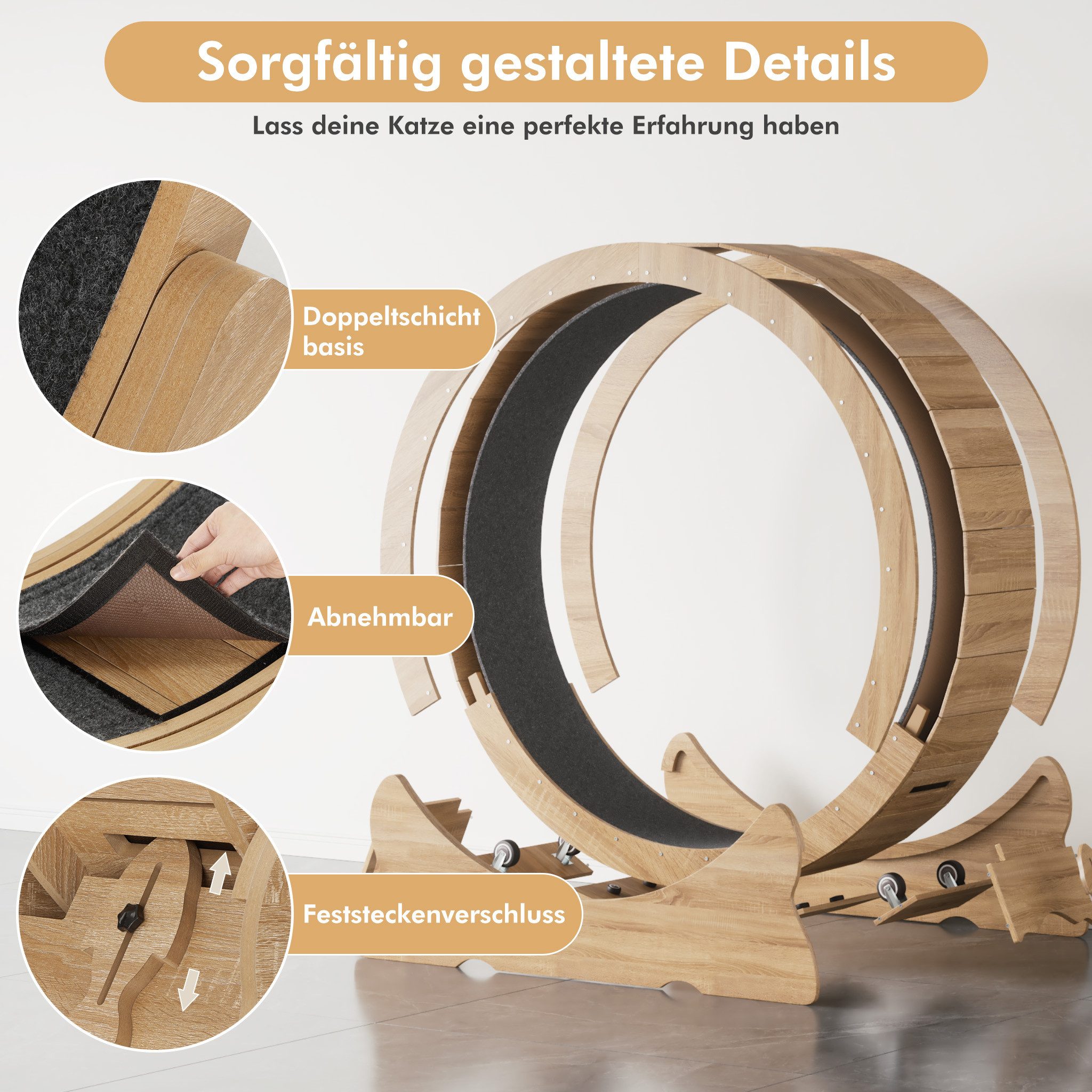 Mondeer Tier-Intelligenzspielzeug Katzenlaufrad, MDF, Innendurchmesser 100cm Leises Scrollrad und Sicherheitsschloss-Design