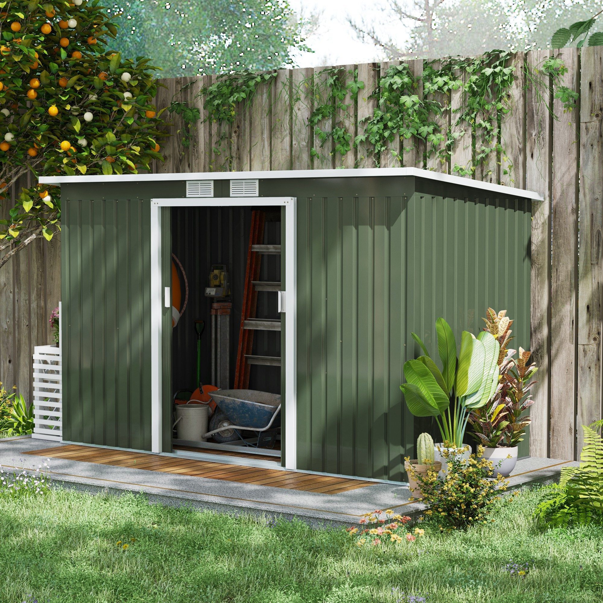 CHICFURN Gerätehaus Stahl-Gartenschuppen mit Pultdach, Schiebetür und Lüftungsfenster, BxT: 280x130 cm, (Packung, 1 St), 280x130x172 cm, Hellgrün, für Werkzeuge im Garten