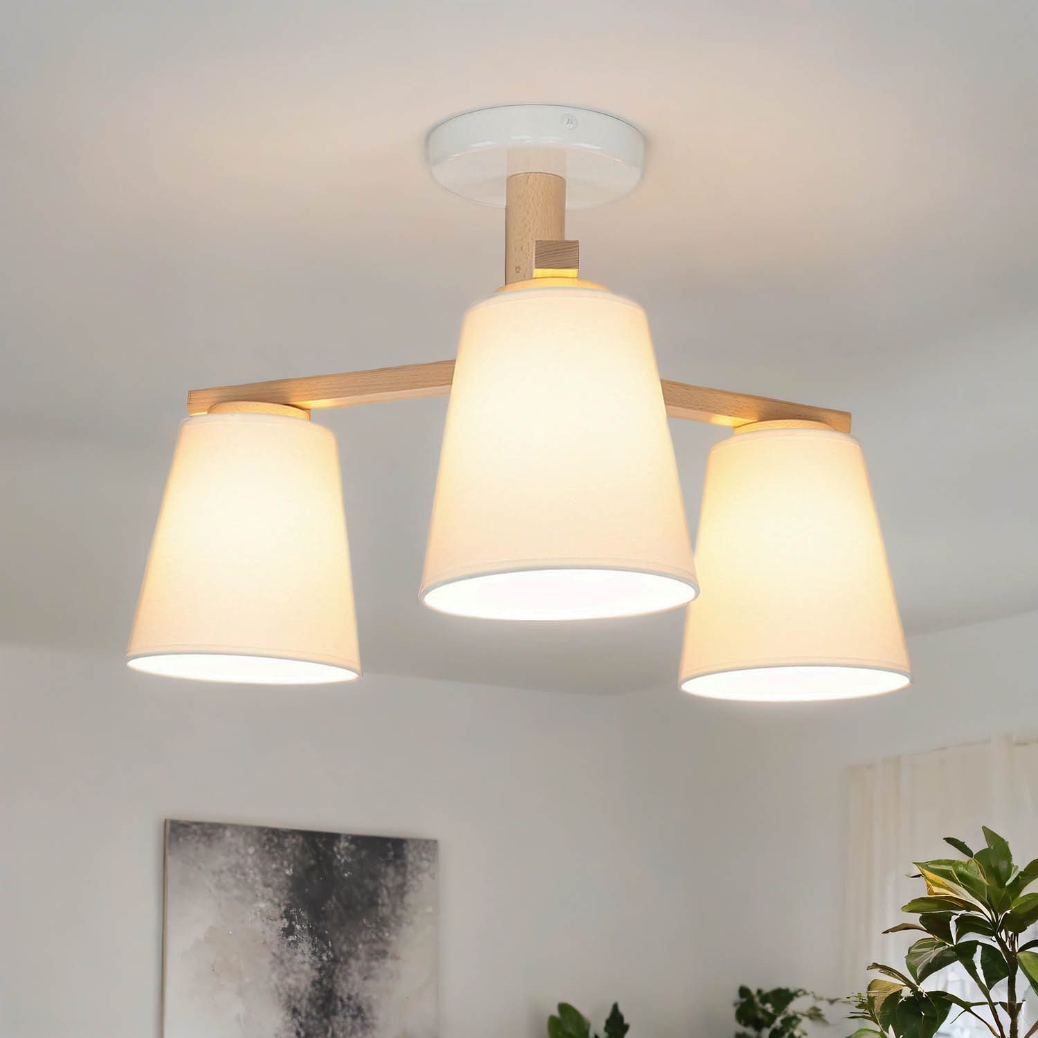 Licht-Erlebnisse Deckenleuchte MAIDEL, ohne Leuchtmittel, Weiße Deckenleuchte Stoffschirm Holz skandinavisch Flurlampe Lampe