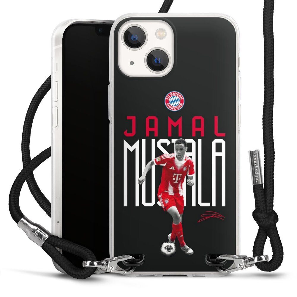 DeinDesign Handyhülle FC Bayern München Jamal Musiala Offizielles Lizenzprodukt, Apple iPhone 13 Mini Handykette Hülle mit Band Case zum Umhängen