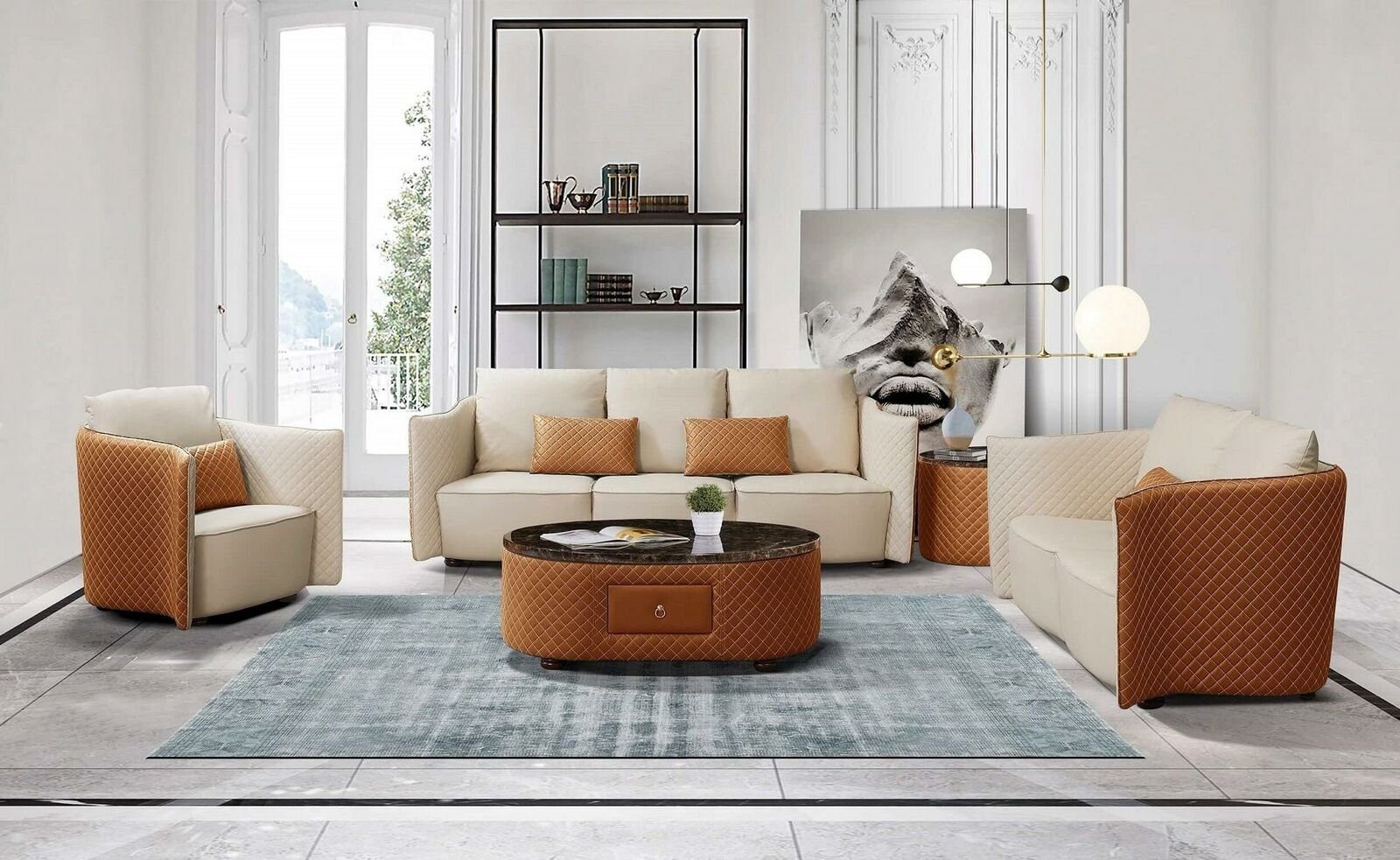 5tlg. Sofa Tisch, Weiß/Braun JVmoebel Leder Garnitur Garnituren Polster (5-St) Couchtisch Couch Wohnzimmer-Set