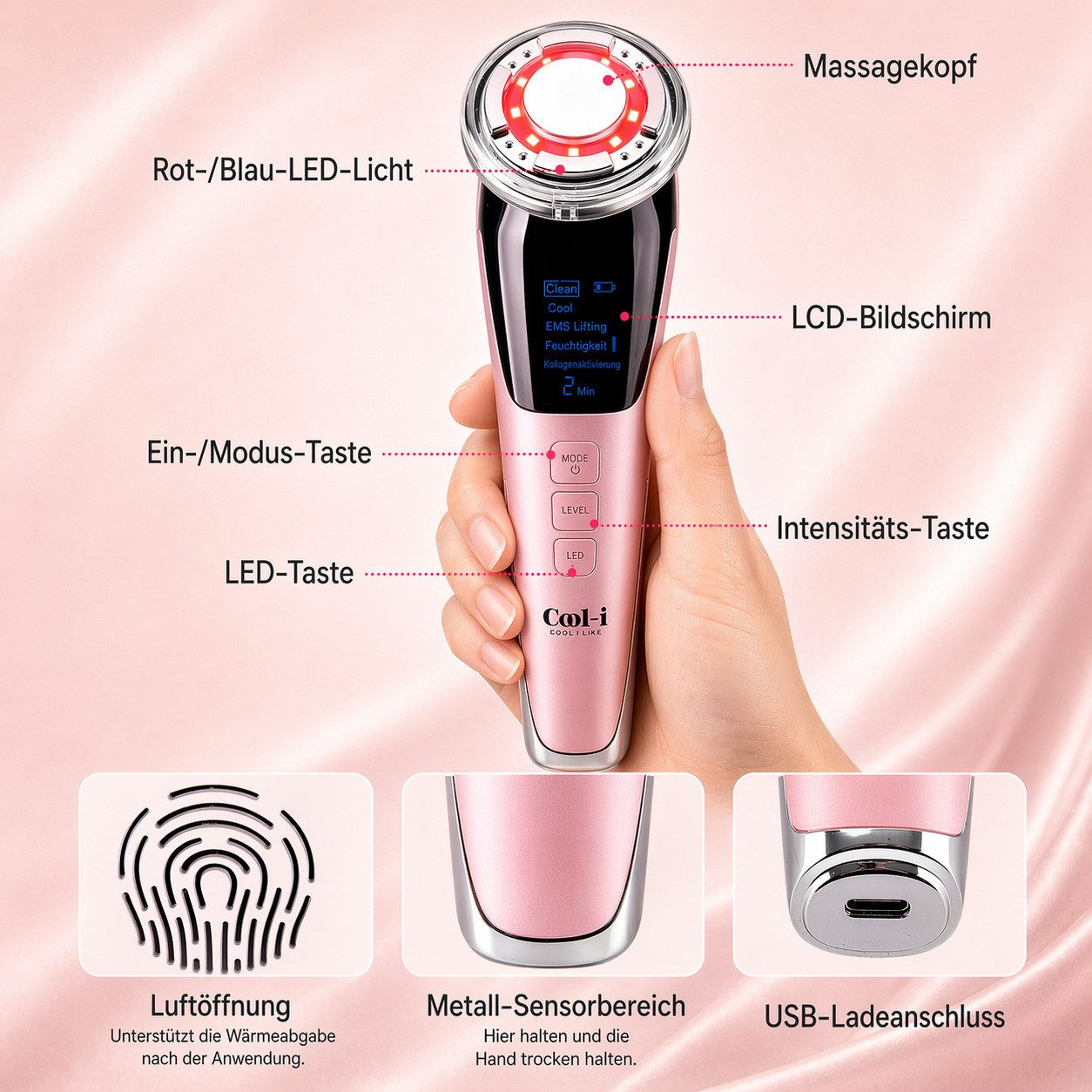 COOL-i ® Mikrodermabrasionsgerät 5-in-1 Beautygerät – Für ergänzende Gesichtspflege, LED, EMS, Wärme/Kälte & Massage – Tägliche Pflege für Ihre Haut