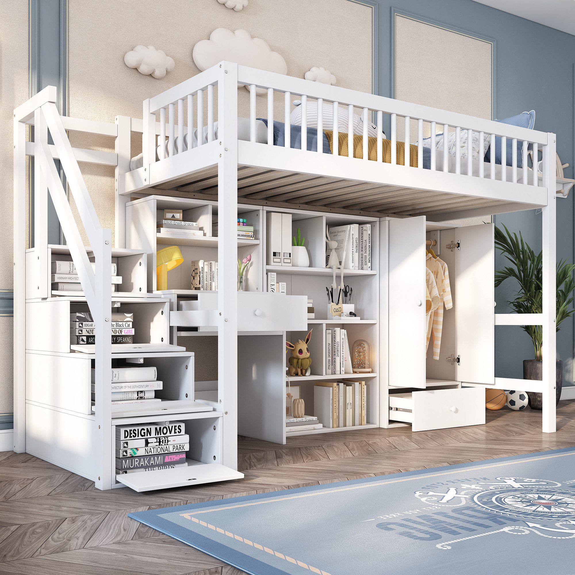 Odikalo Kinderbett Jugendbett Schreibtisch Treppe Schließfächern Kleiderschrank 90*200