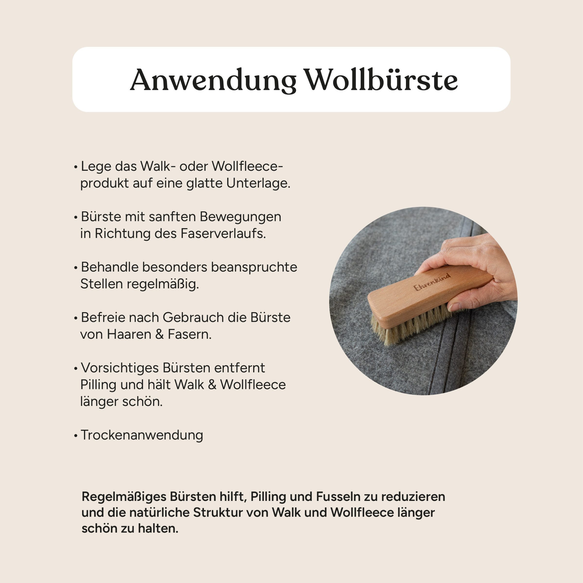 Ehrenkind Reinigungsbürste Kleiderbürste, für Walk und Wollkleidung, (Wollpflegebürste mit Rosshaarborsten), Schonende Trockenpflege – Bild 5 von 5