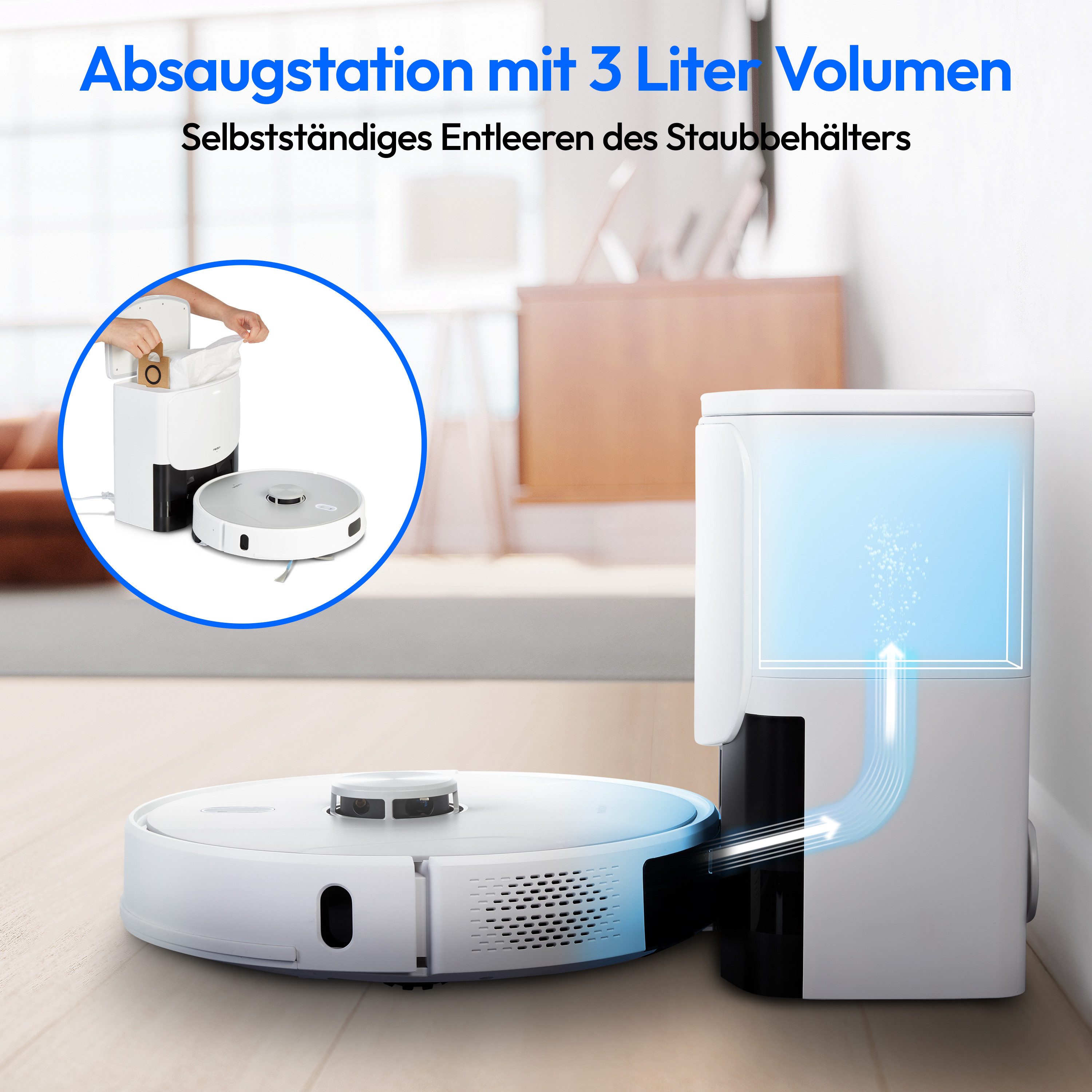 Medion® Saugroboter mit Wischfunktion und Absaugsatation X42 SW+, 240min Laufzeit, 28,8 W, 8.000 Pa Saugleistung, Teppicherkennung, Lasernavigation