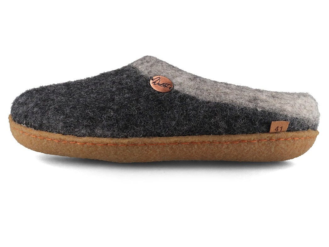 WoolFit Sherpa unisex Filzpantoffeln mit Gummisohle und Fußbett Hausschuh zweifarbig handgefilzt aus 100% Wolle