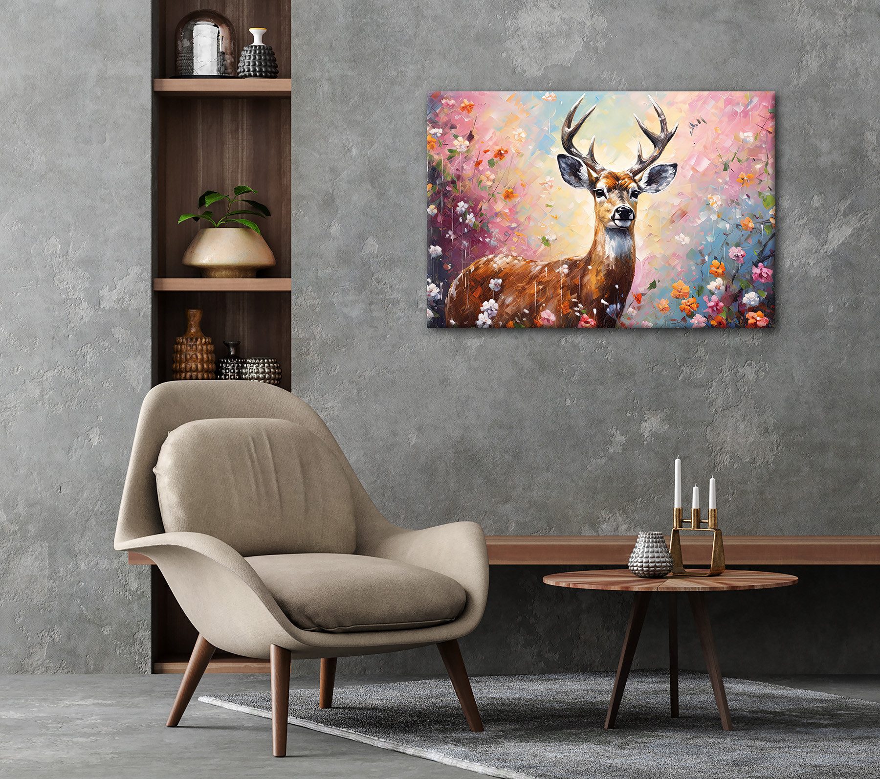 Bönninghoff Leinwandbild Wandbild HIRSCH IN BLUMEN 60x90 cm – Leinwandbild Keilrahmen Deko, Blumen, Hirsch, Wildtiere (1 St), auf Keilrahmen gespannt – Bild 2 von 5