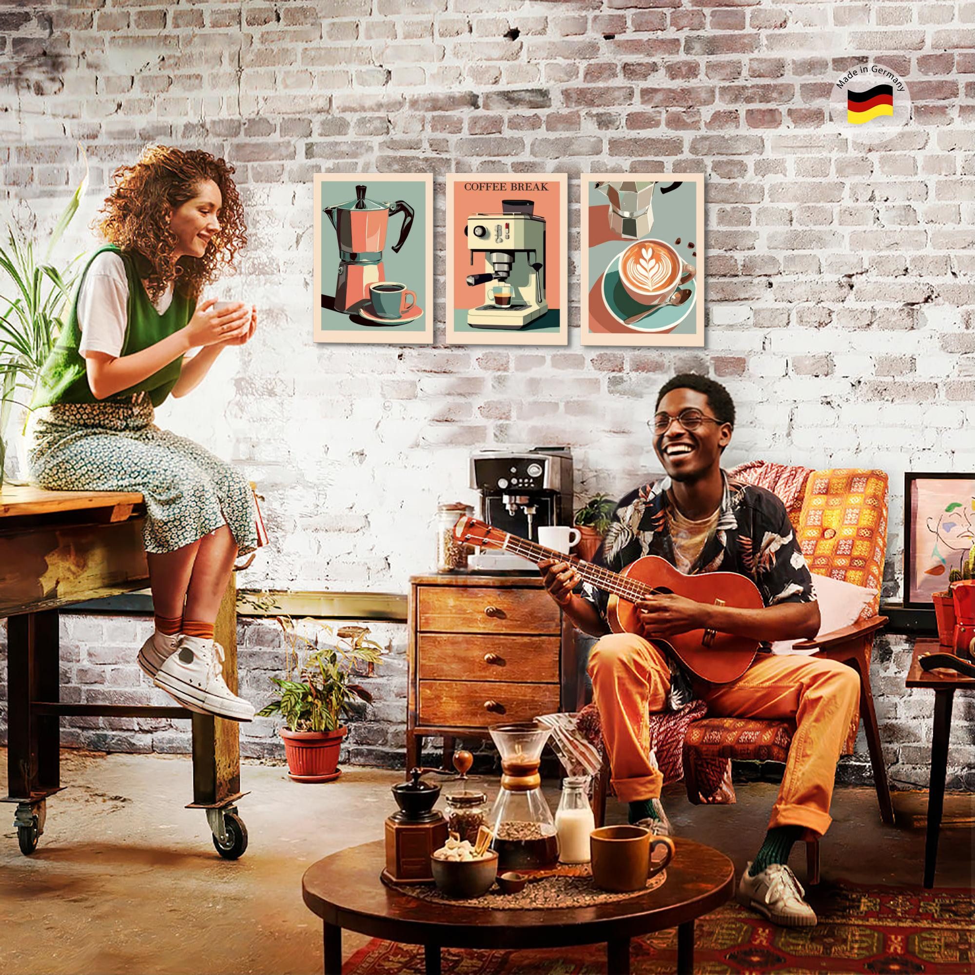 Novart Wandbild Küchenbilder Kaffee Retro Bilder Küche Esszimmer Cafe Bar Deko, (3 St)