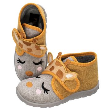 Fischer-Markenschuh Flexi Hausschuh aus Baumwollstoff, Baumwoll-Frotteefutter, Giraffe