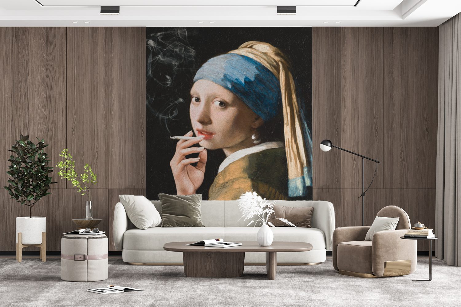 dem - Das mit Montagefertig Perlenohrring Wohnzimmer, bedruckt, Mädchen Rauchen, MuchoWow (4 Vinyl Tapete - für Matt, Vermeer St), Wandtapete Fototapete