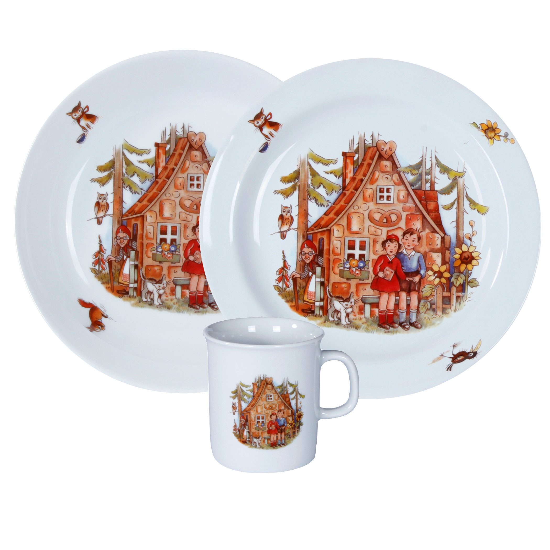 L.E.R.D.93 Kindergeschirr-Set Kindergedeck 3-tlg. Porzellan, buntes Märchenmotiv "Hänsel & Gretel", Porzellan, Wunderschönes buntes Märchenmotiv "Hänsel & Gretel"
