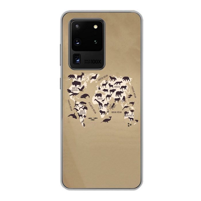 MuchoWow Handyhülle Weltkarte - Tiere - Braun Phone Case Handyhülle Samsung Galaxy S20 Ultra Silikon Schutzhülle