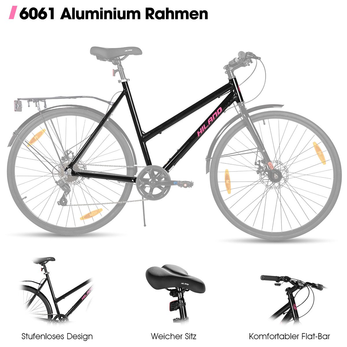 HILAND Cityrad 700C Herren Damen Student Aluminiumlegierung Pendler Stadtfahrrad, 7-Gang, mit Schutzblechen, Gepäckträger, Mechanische Scheibenbremse – Bild 4 von 5