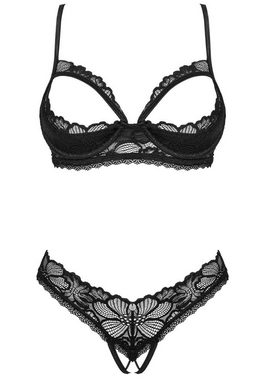 Obsessive Set: Bügel-BH Dessous-Set: offener BH und String mit offenem Schritt - schwarz