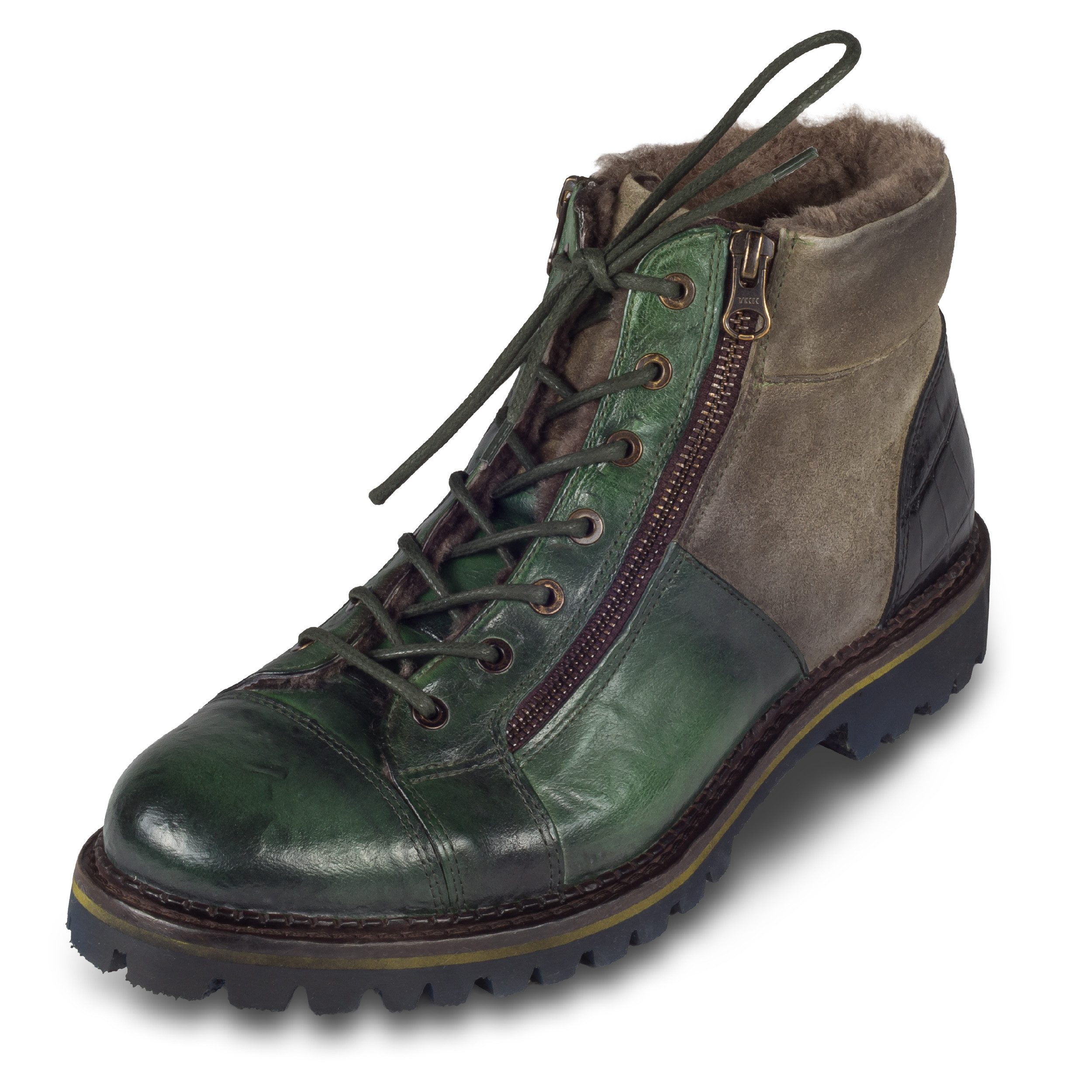 Lorenzi Lorenzi Schnürstiefel Herren grün - Leder stonewashed, Lammfell Stiefel Handgefertigt in Italien